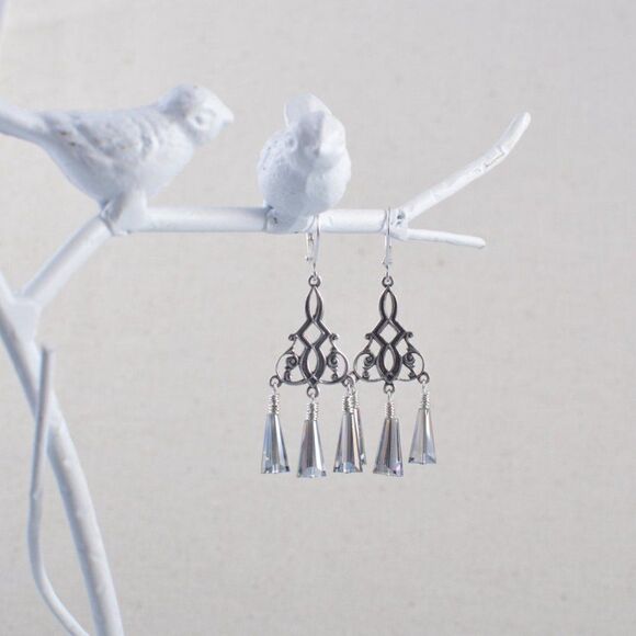 Silver Chandelier Earrings with Silver Crystals - Picture 3 of 4